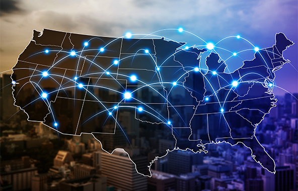Map of the United States with glowing connection points across regions.
